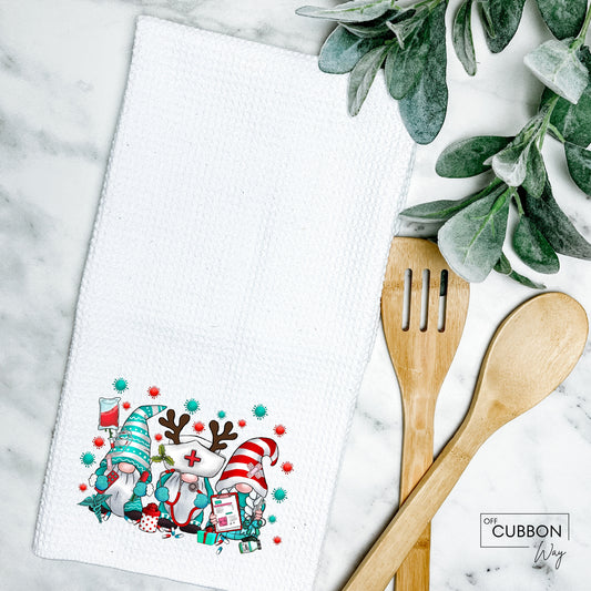 Christmas Nurse Gnomes Kitchen Tea Towel