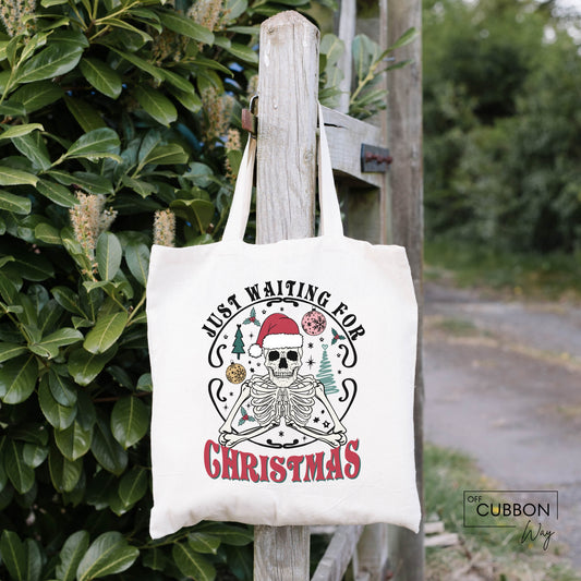Just Waiting for Christmas Skull Tote Bag