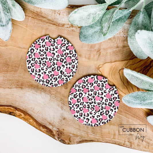 Cheetah & Pink Hearts Car Coasters
